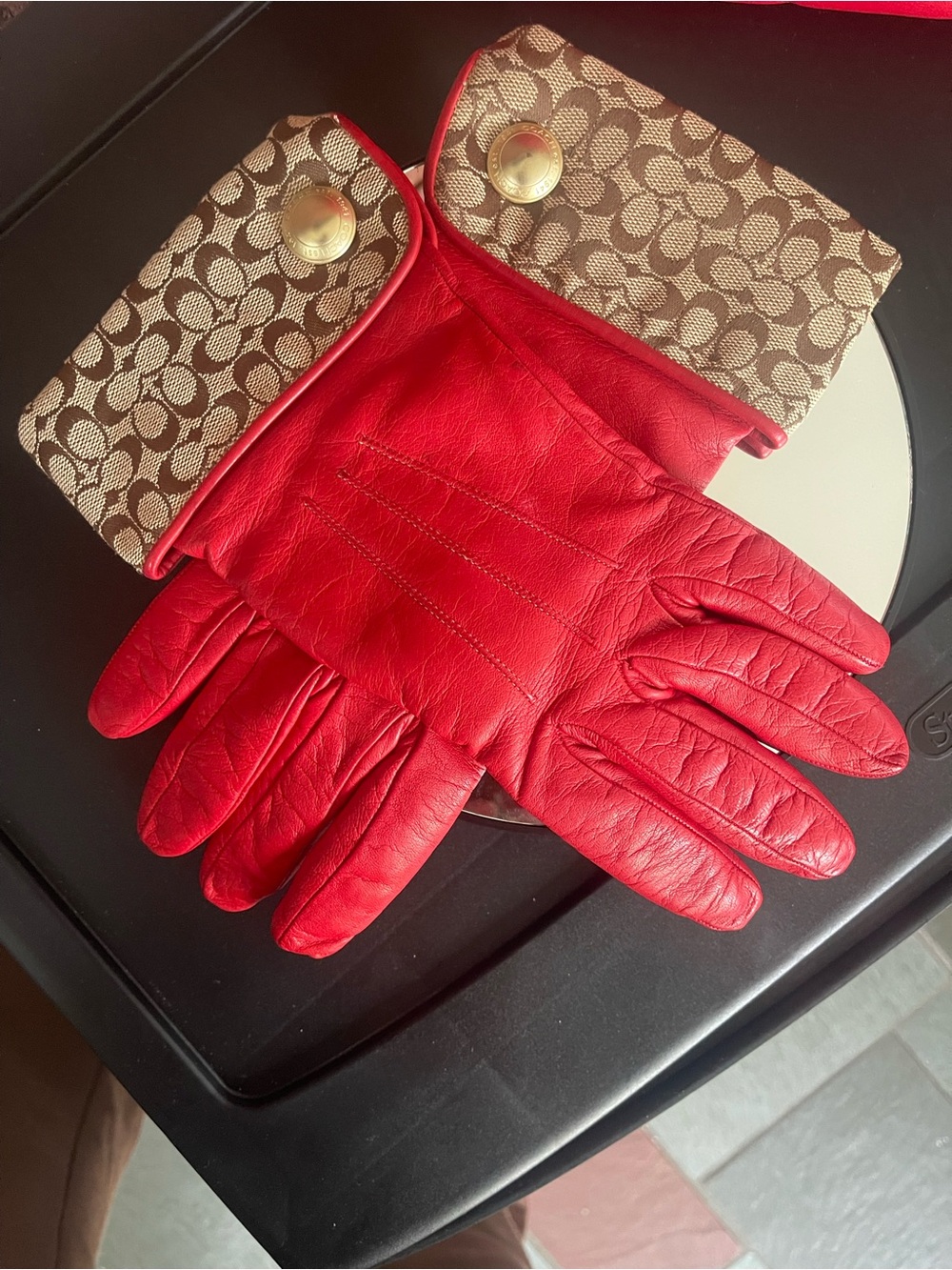 Coach Red Leather Gloves with Signature Logo Cuffs